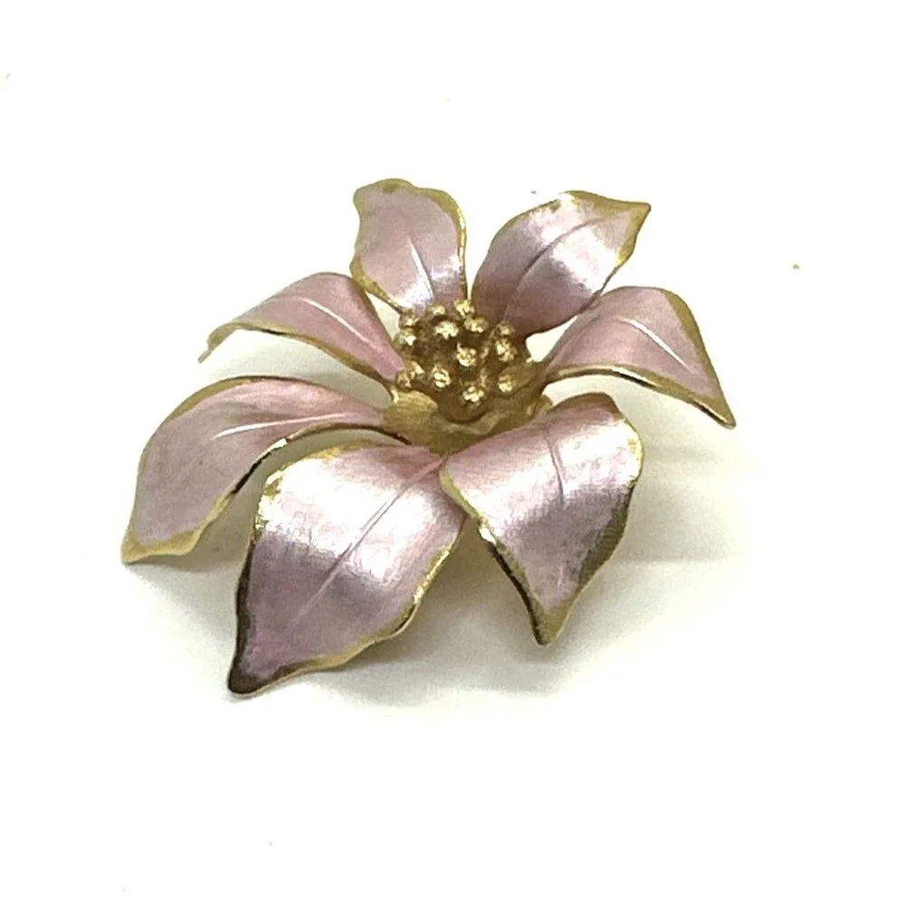 Vintage Cerrito Poinsettia Pink Enamel Flower Pin Brooch 